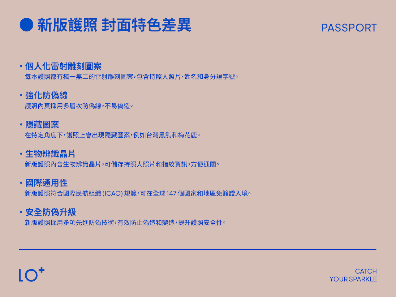 個人化雷射雕刻圖案： 每本護照都有獨一無二的雷射雕刻圖案，包含持照人照片、姓名和身分證字號。 強化防偽線： 護照內頁採用多層次防偽線，不易偽造。 隱藏圖案： 在特定角度下，護照上會出現隱藏圖案，例如台灣黑熊和梅花鹿。 生物辨識晶片： 新版護照內含生物辨識晶片，可儲存持照人照片和指紋資訊，方便通關。 國際通用性： 新版護照符合國際民航組織 (ICAO) 規範，可在全球 147 個國家和地區免簽證入境。  安全防偽升級： 新版護照採用多項先進防偽技術，有效防止偽造和變造，提升護照安全性。